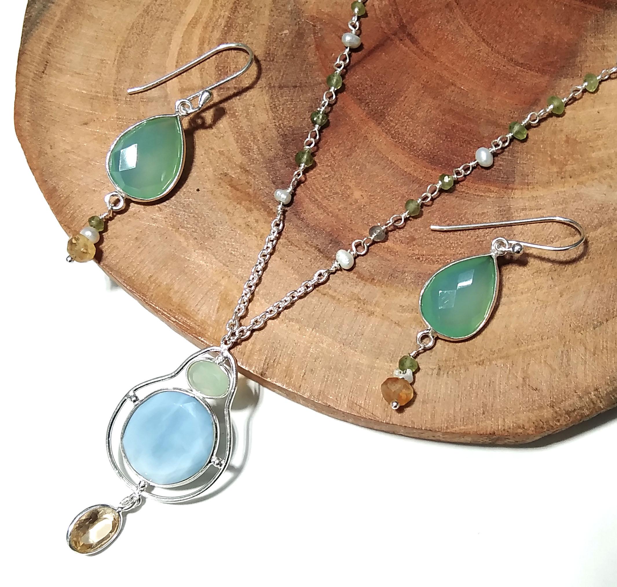 Natural Blue Opal,Chrysoprase,Citrine Gemstone Necklace Earring Jewelry Set, 925 Sterling Silver Necklace Earring Jewelry, Gift For Women.